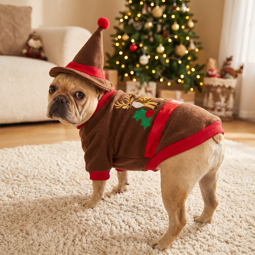 French Bulldog in the Cocoa Reindeer Sweater from behind, showing the embroidered reindeer