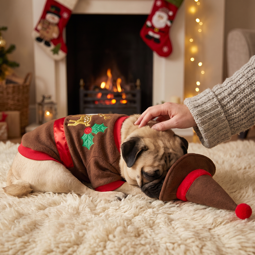 Pug in the Cocoa Reindeer Sweater by the fireplace