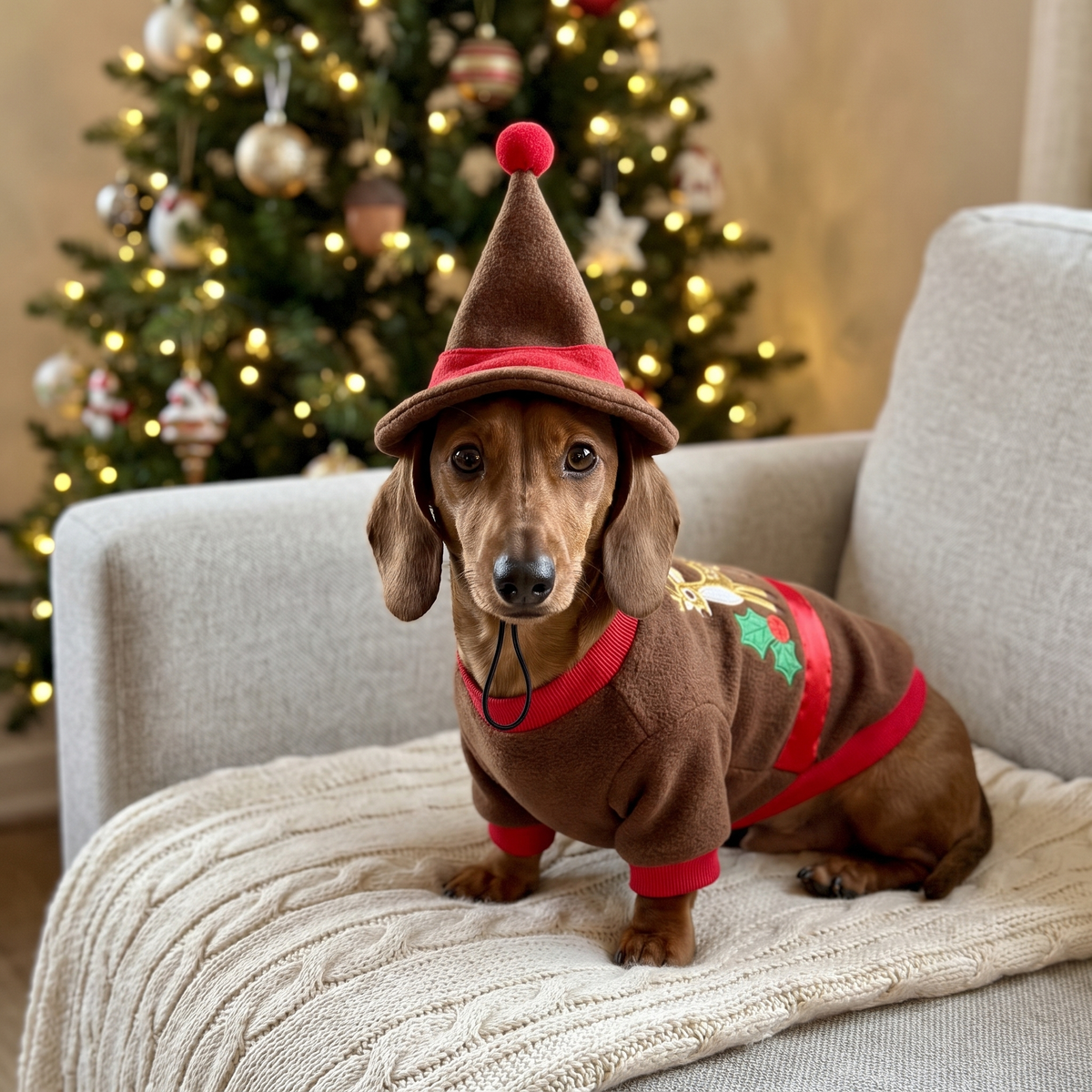 Dachshund in the Cocoa Reindeer Sweater on the sofa