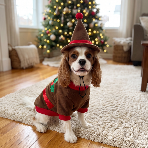 Cavalier in the Cocoa Reindeer Sweater by the Christmas tree