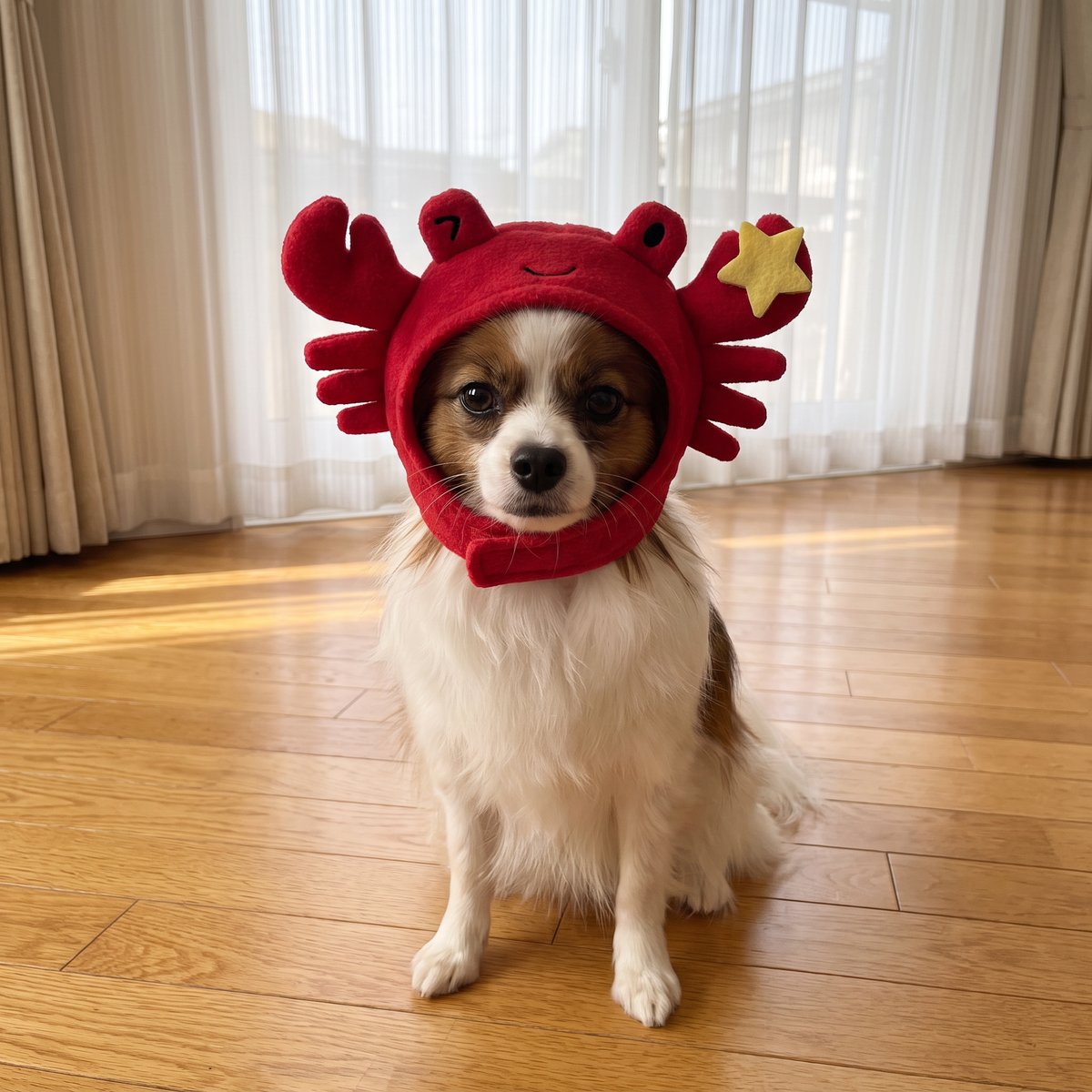Papillon wearing the Snappy Crab Hat