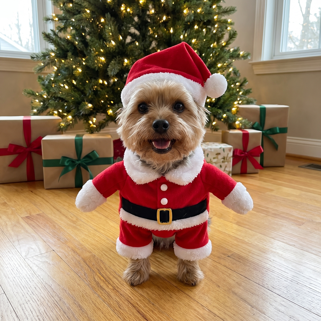 Yorkie in the Santa Paws Costume next to presents