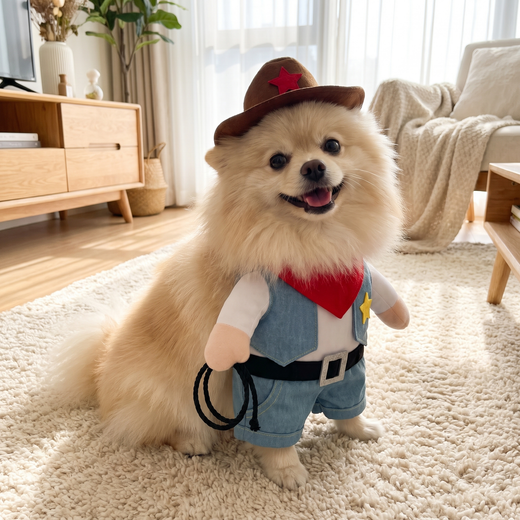 Pomeranian in the Howdy Cowboy Costume from the side