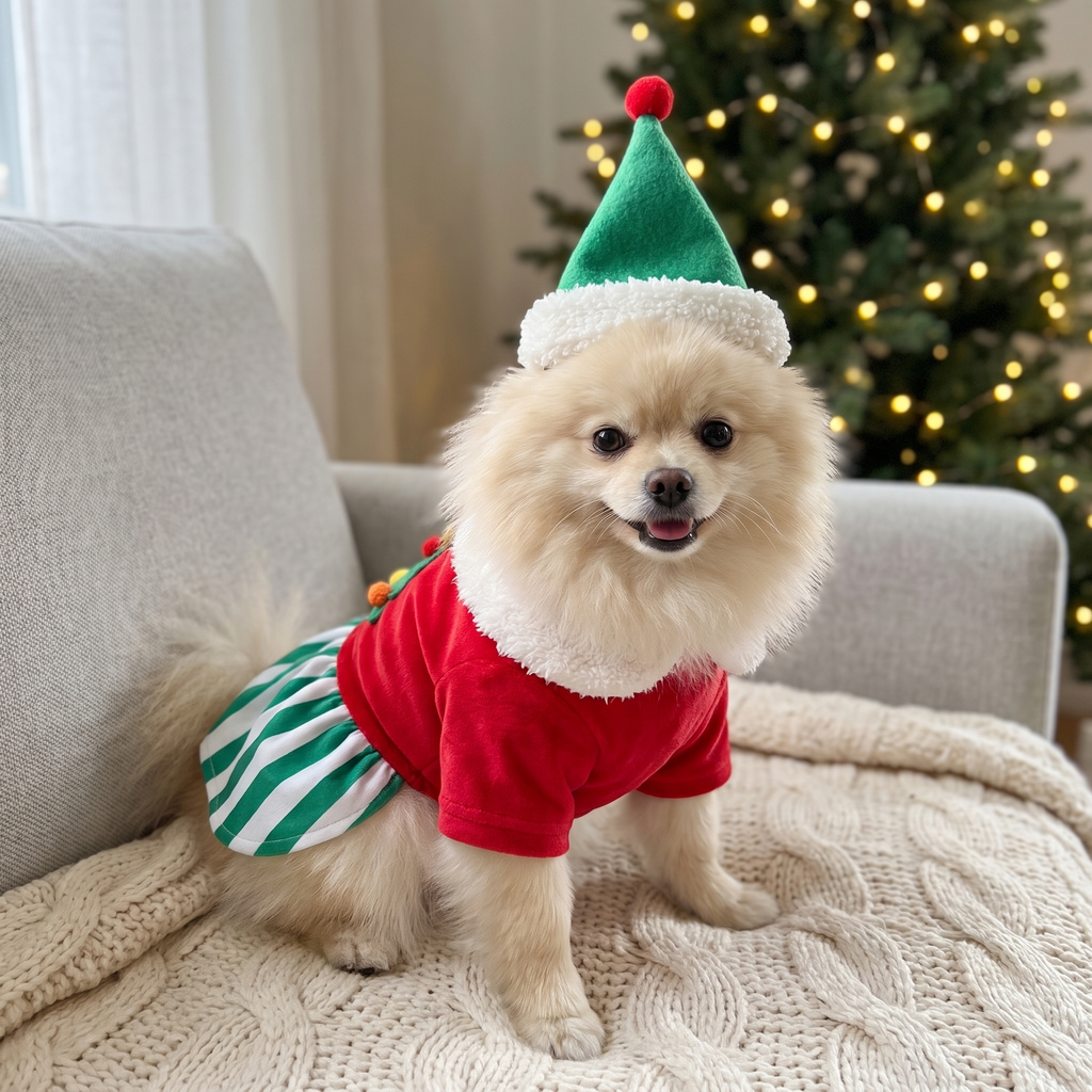 Pomeranian in the Merry Elf Dress on the sofa