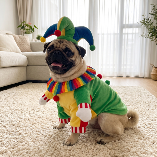 Pug in the Jolly Jester Costume from the side