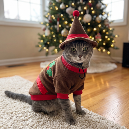 Grey tabby cat in the Cocoa Reindeer Sweater