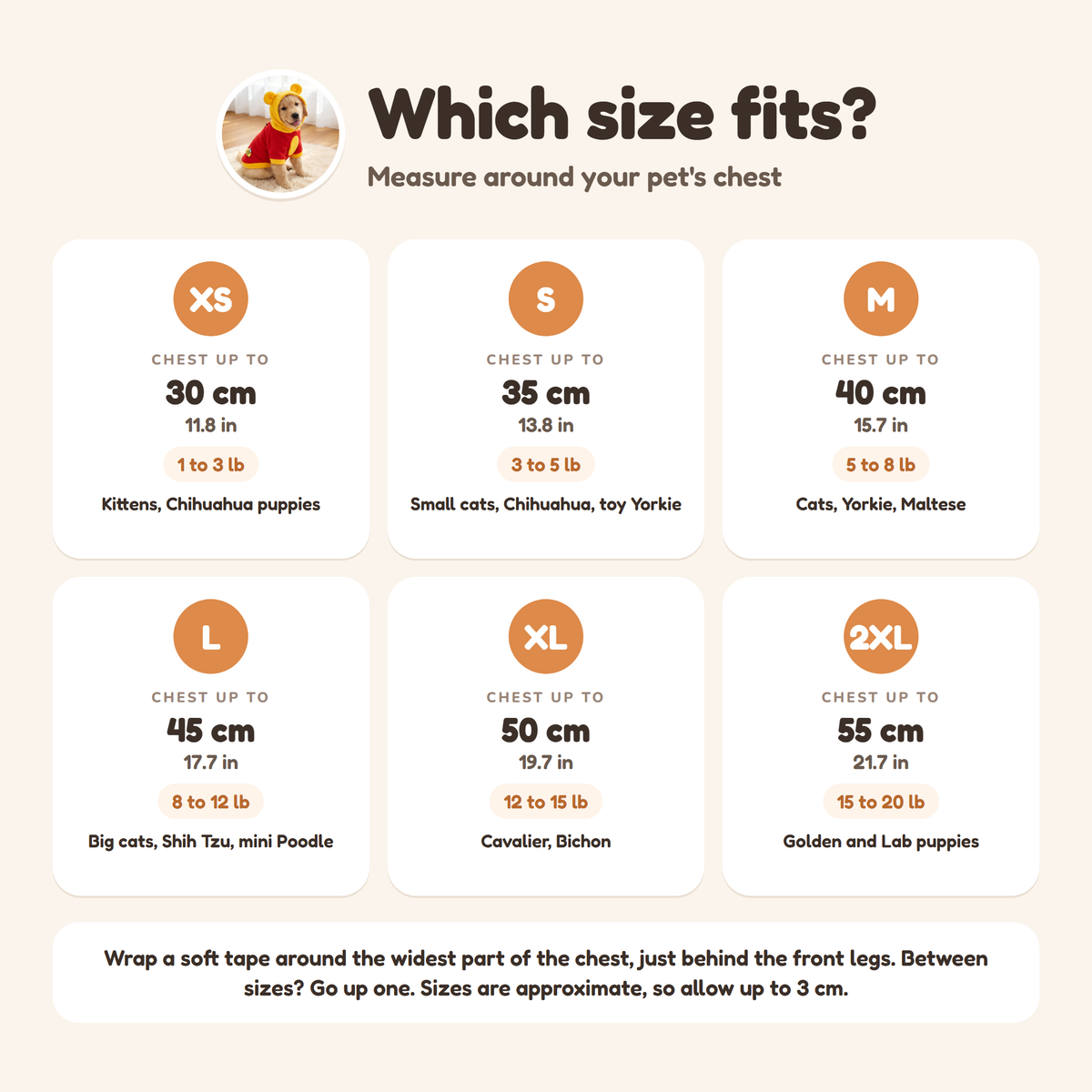 Honey Bear Costume size guide from XS to 2XL by chest and weight