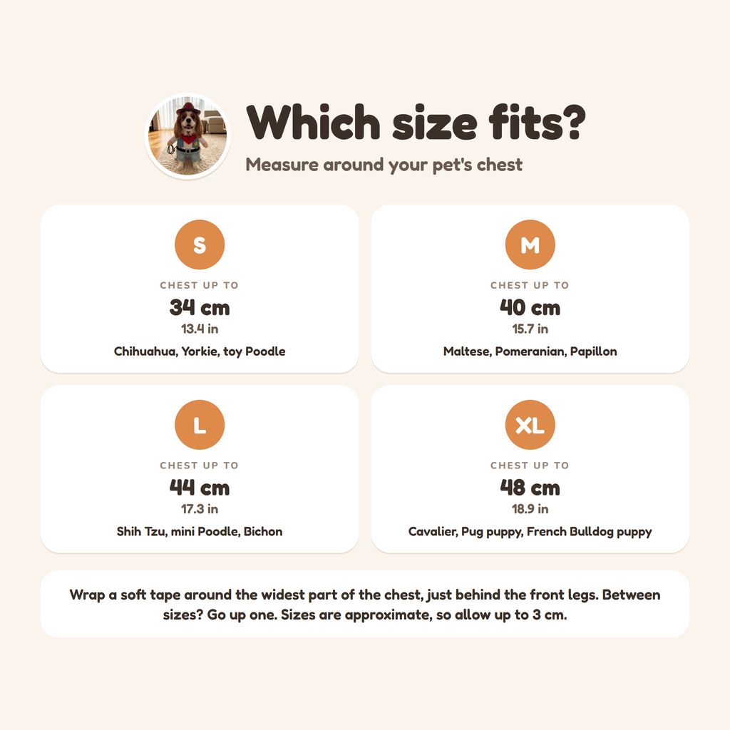 Howdy Cowboy Costume size guide from S to XL by chest