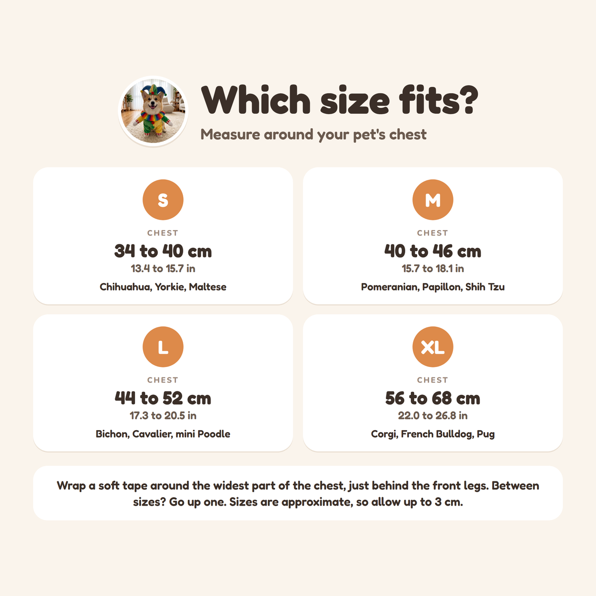 Jolly Jester Costume size guide from S to XL by chest