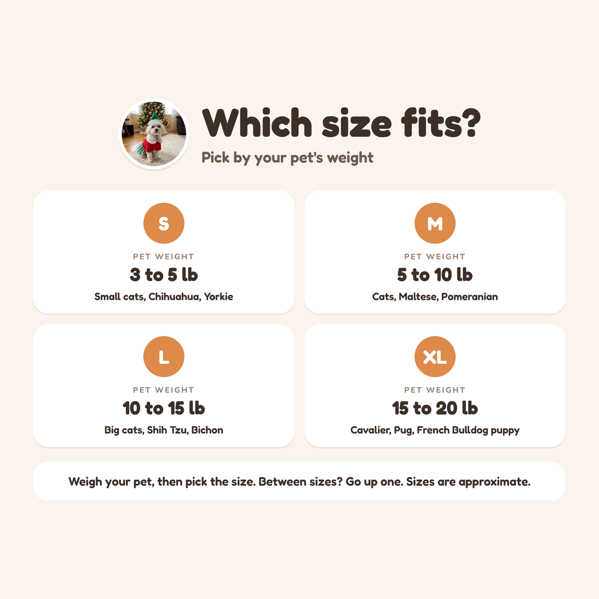 Merry Elf Dress size guide from S to XL by pet weight