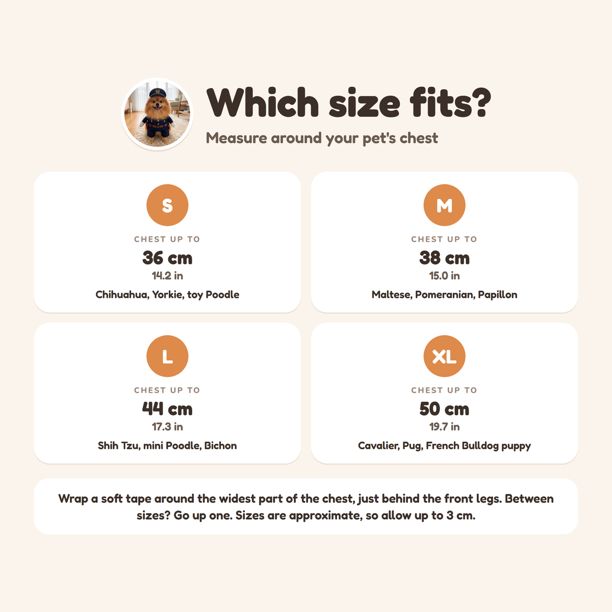 Officer Pup Costume size guide from S to XL by chest