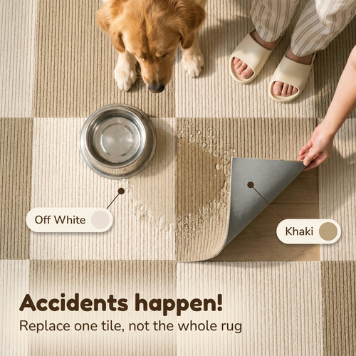 Accidents happen, so you replace one tile, not the whole rug: hand peeling a khaki PawProof tile beside a knocked water bowl