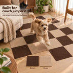 Built for couch jumpers — small dog mid-jump onto a brown and khaki PawProof checkerboard