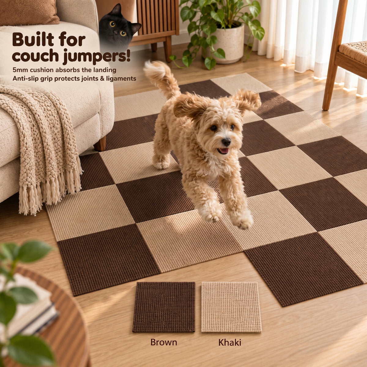 Built for couch jumpers — small dog mid-jump onto a brown and khaki PawProof checkerboard