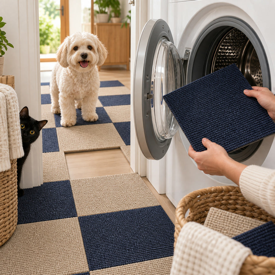 One navy tile going into a washing machine while the rest of the path stays down