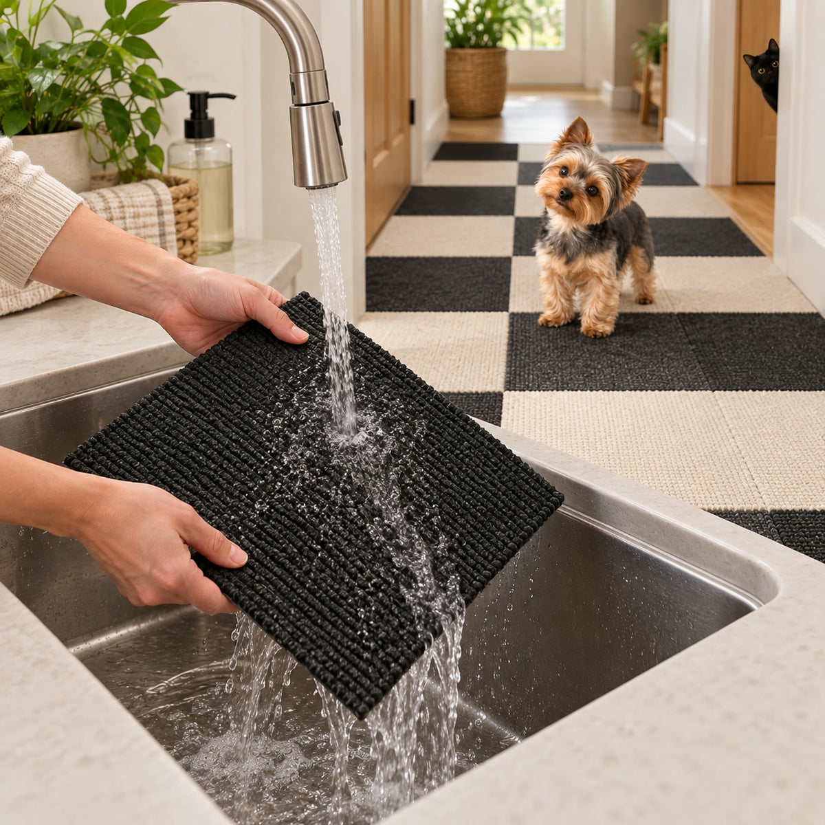 A single black PawProof tile rinsed under a kitchen tap, black and cream tile path in the hallway behind with a yorkie