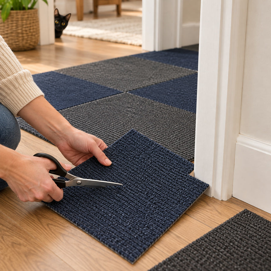 Scissors trimming a navy tile to fit against a white door frame