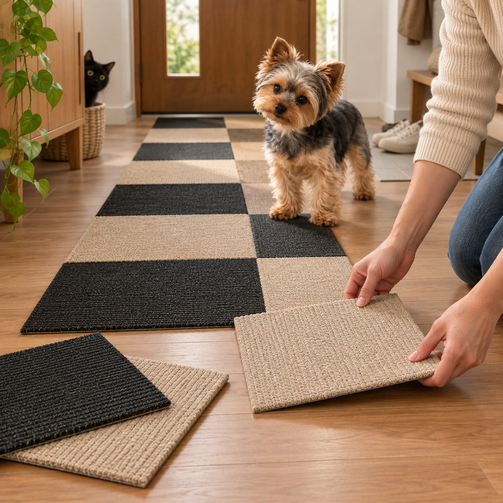 Yorkie greeting its owner at the door on a black and khaki PawProof checkerboard entryway