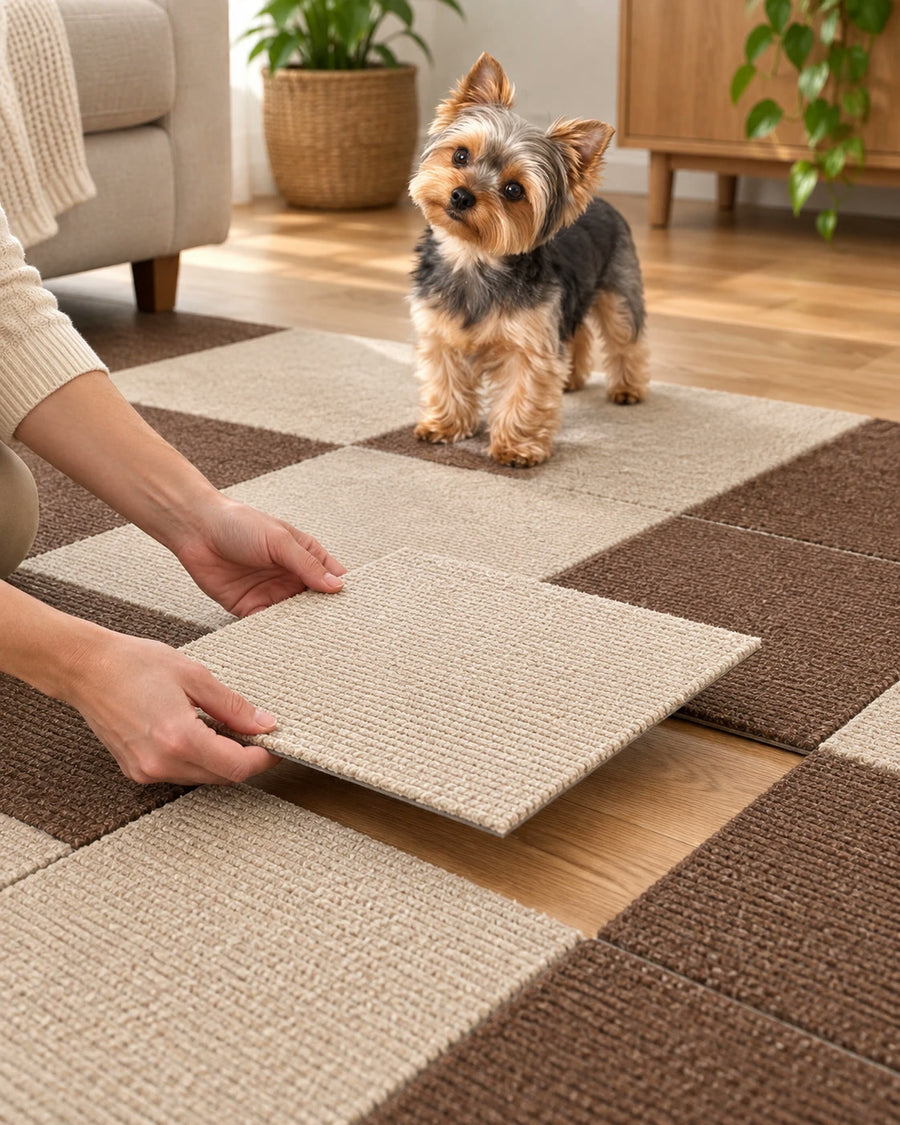 A hand placing a single beige tile into a brown and cream path while a small dog watches