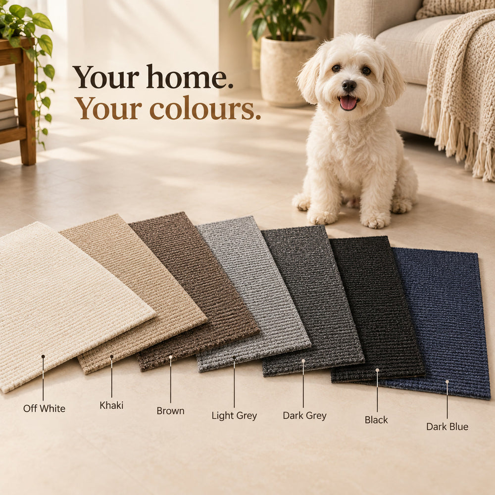 Seven tile colours fanned out beside a small white dog