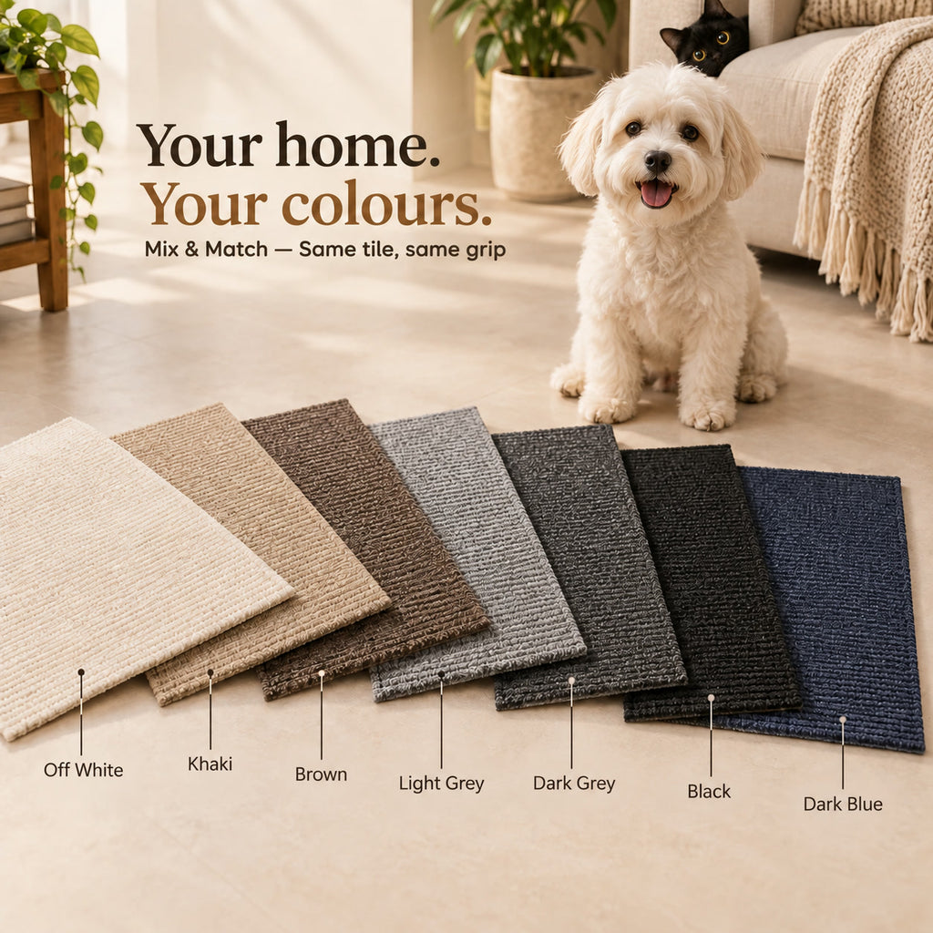Your home, your colours: seven PawProof tile colours fanned out beside a small white dog
