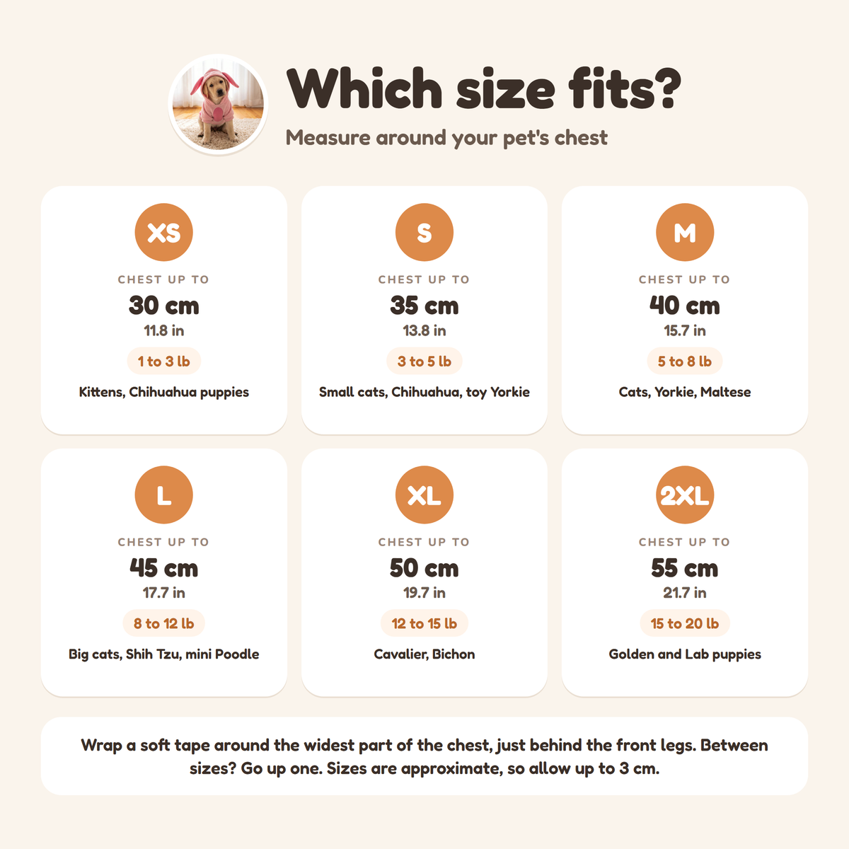 Pink Piglet Costume size guide from XS to 2XL by chest and weight
