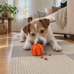Jack russell terrier nosing an orange BoredProof treat ball across carpet tiles and eating the kibble that drops out