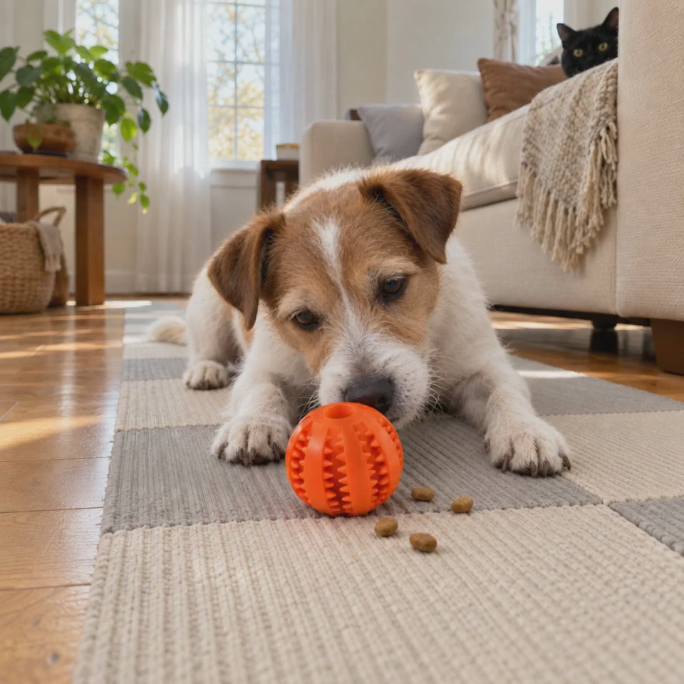 Jack russell terrier nosing an orange BoredProof treat ball across carpet tiles and eating the kibble that drops out
