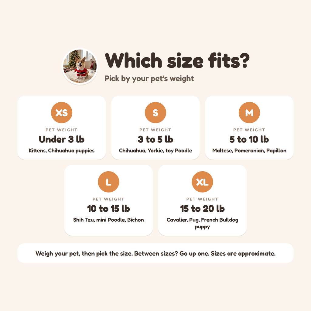 Santa Paws Costume size guide from XS to XL by pet weight
