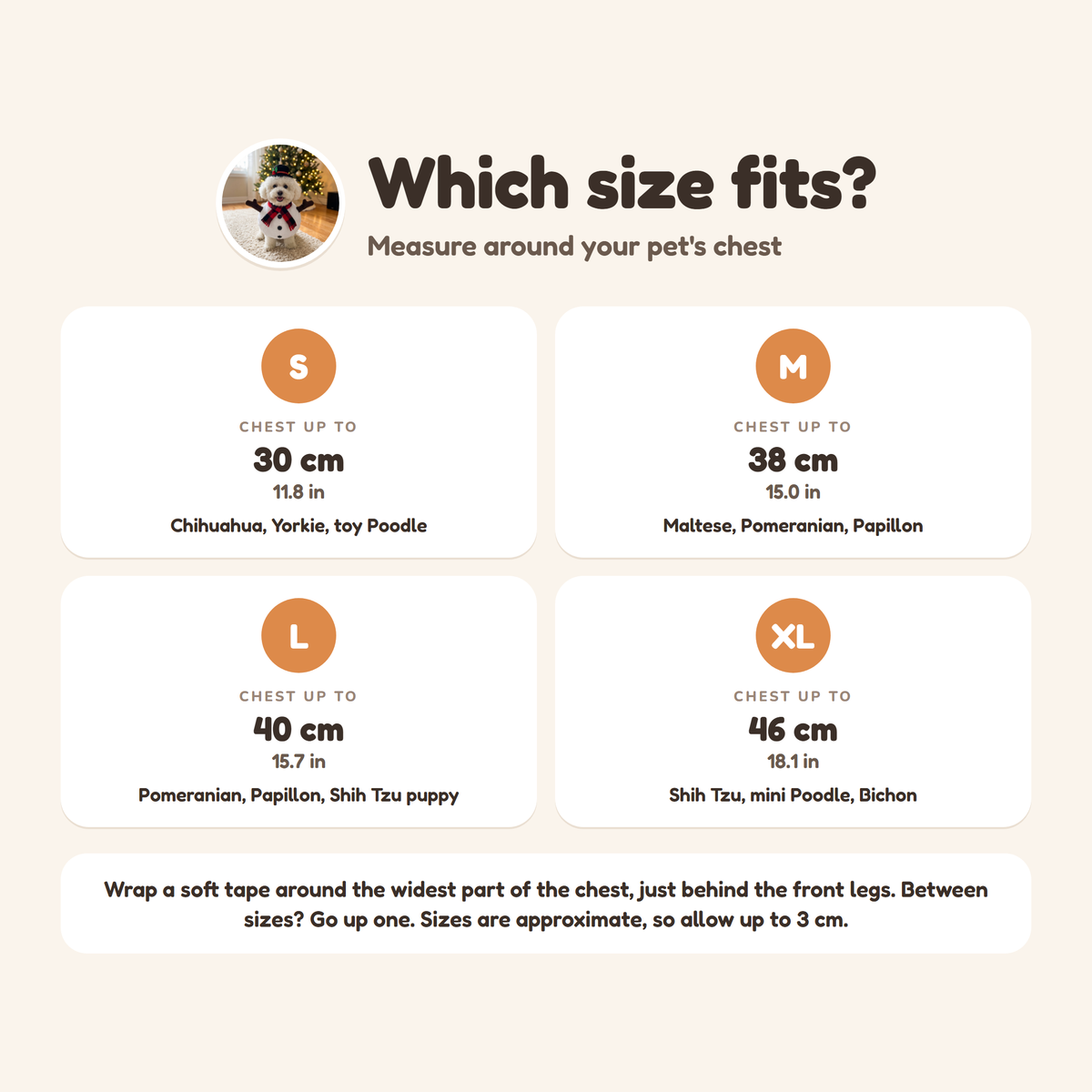 Snuggly Snowman Costume size guide from S to XL by chest