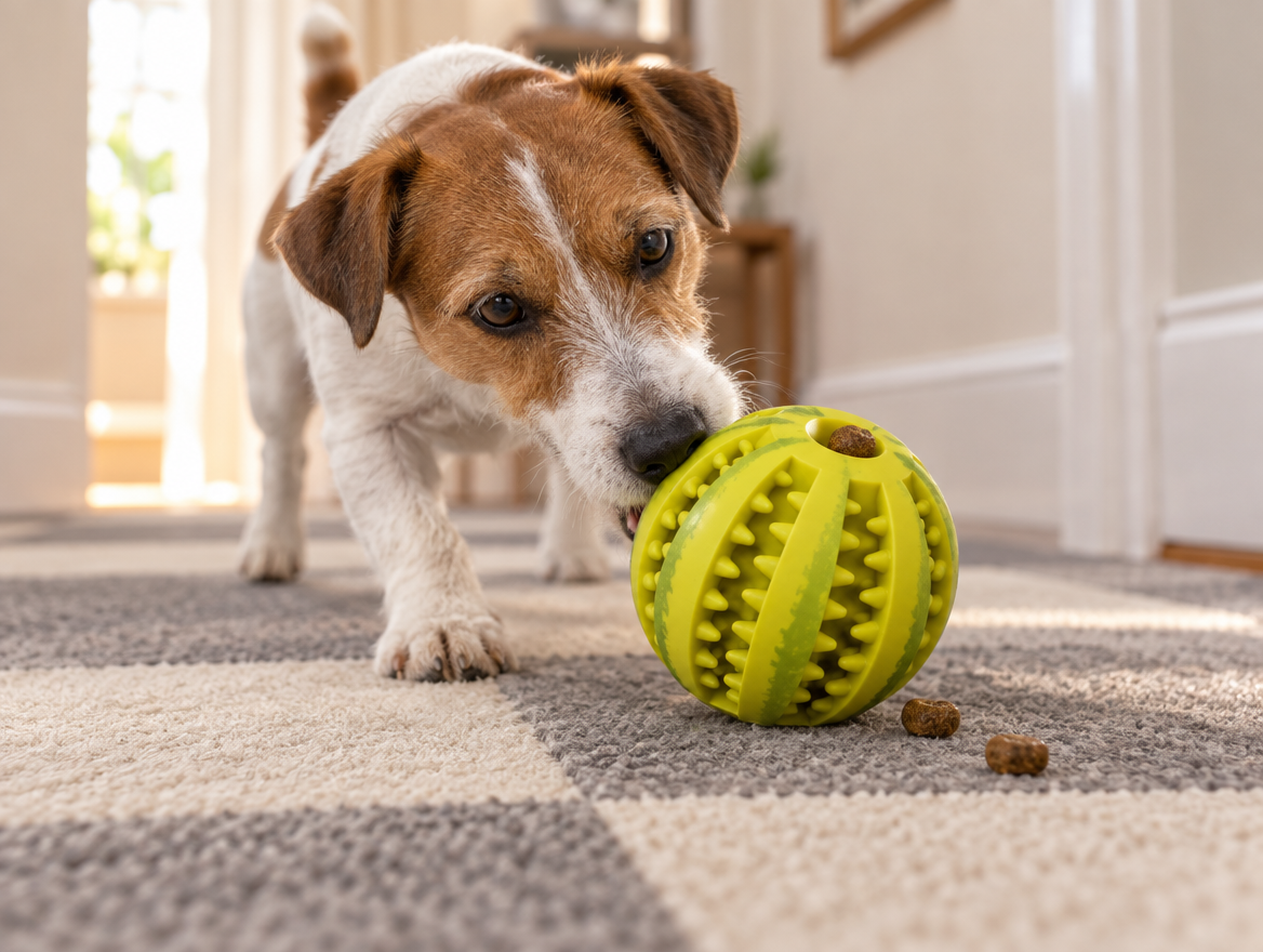 Jack russell terrier nosing a green BoredProof treat ball across carpet tiles, two pieces of kibble beside it