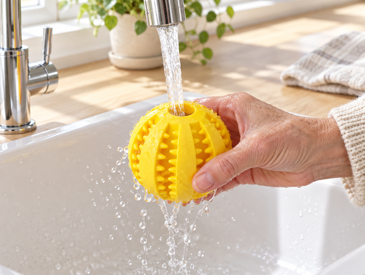 Yellow BoredProof treat ball rinsed under a kitchen tap