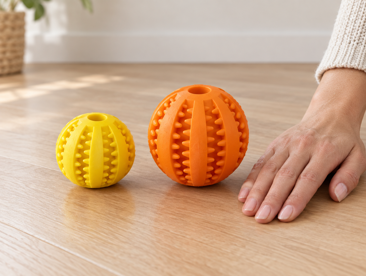 Small yellow and larger orange BoredProof treat balls side by side on a wood floor next to a hand for scale