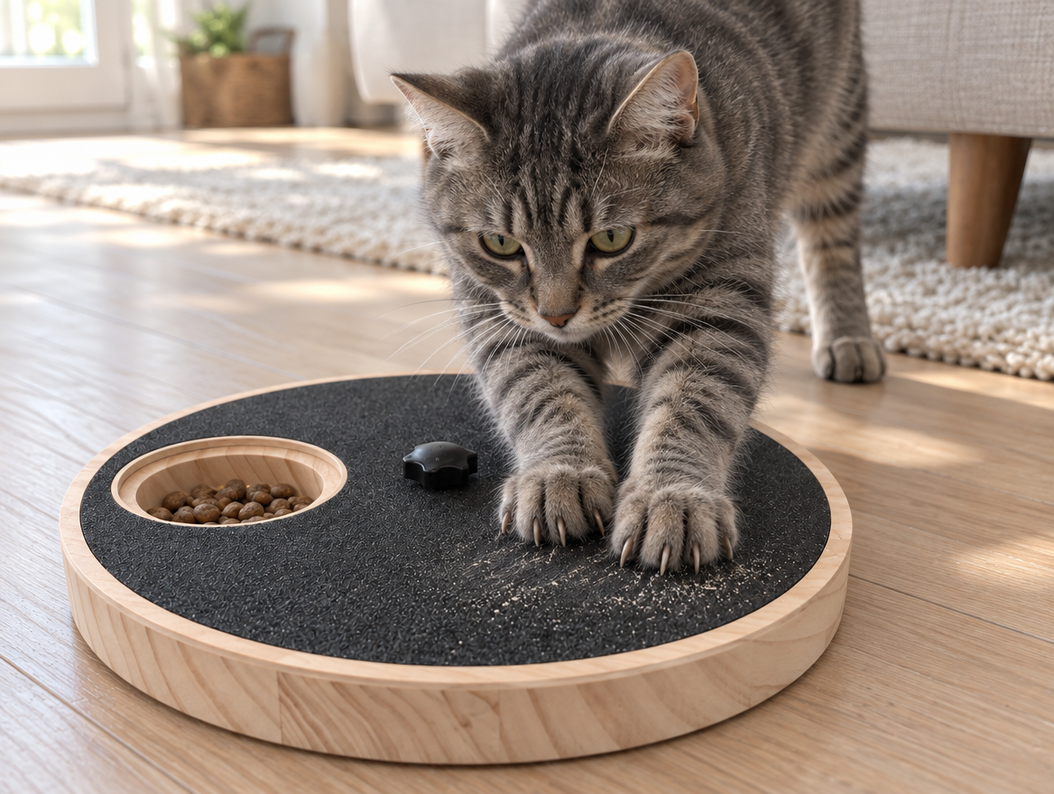 Grey tabby cat scratching its claws on the ClipProof nail board by a sofa