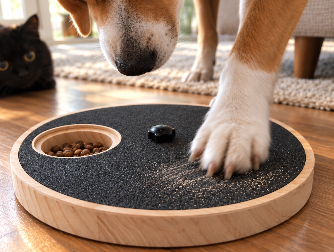Dog's front paw scratching the sandpaper top of the round ClipProof nail board