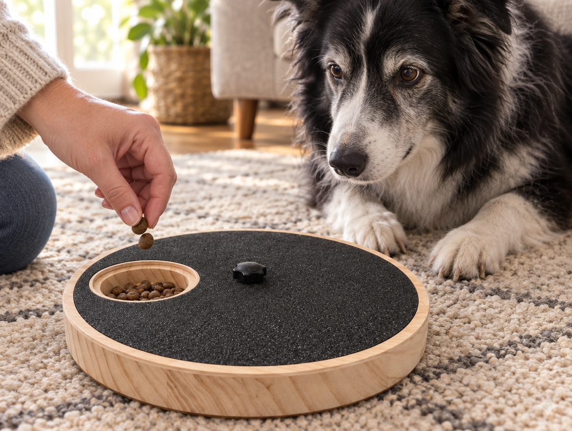 Hand dropping treats into the wooden cup of the ClipProof nail board while an older border collie watches