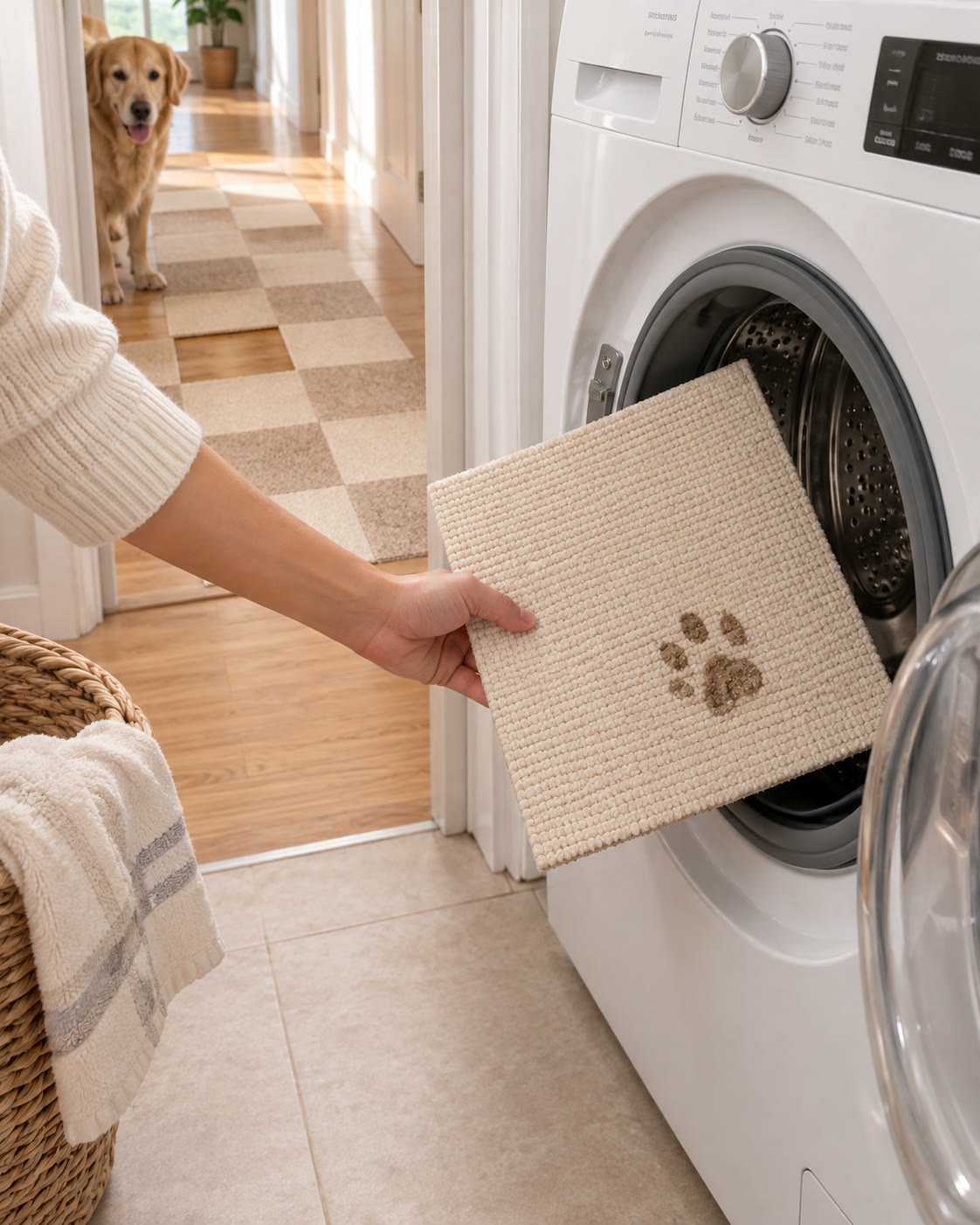 One tile being put into a washing machine while the path stays down