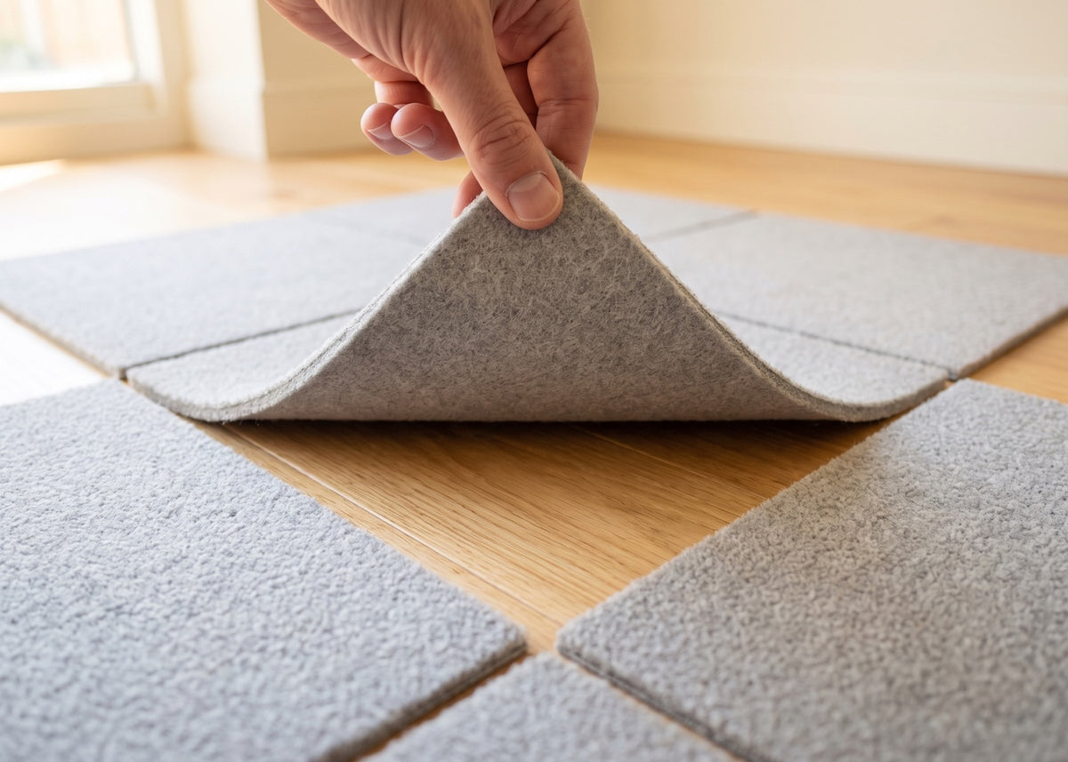 Fingers lifting one corner of a laid tile off sealed hardwood, with a clean floor underneath