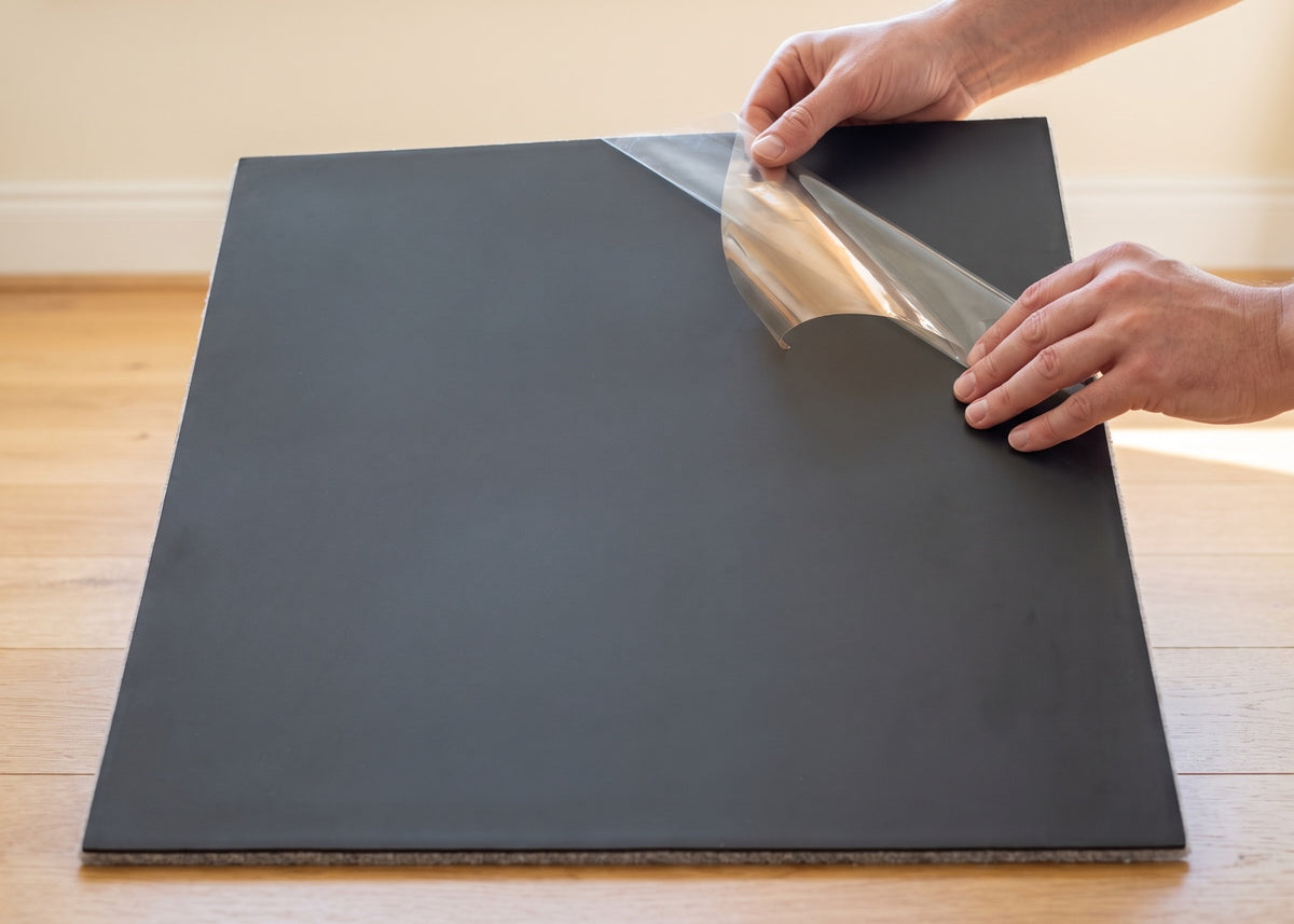A hand peeling the clear protective film off the no-glue backing of a light grey tile