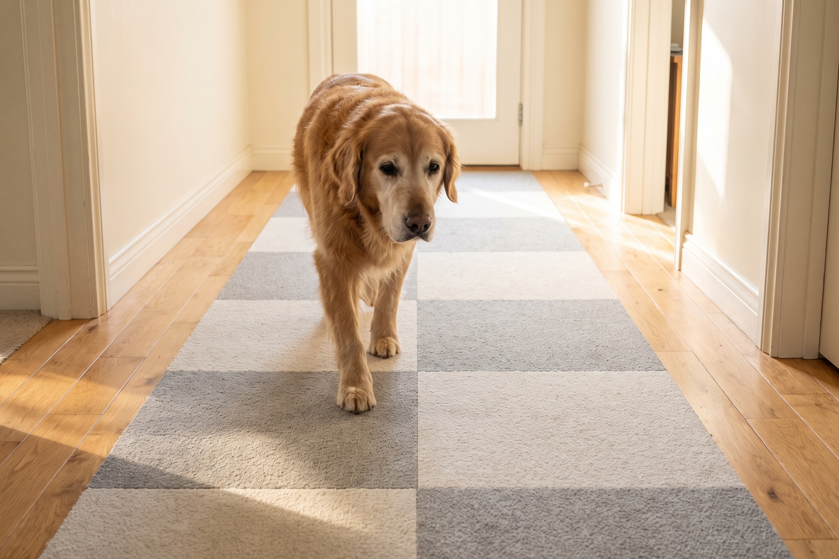 Senior golden retriever walking along a light grey and off-white tile path down a bright cream hallway