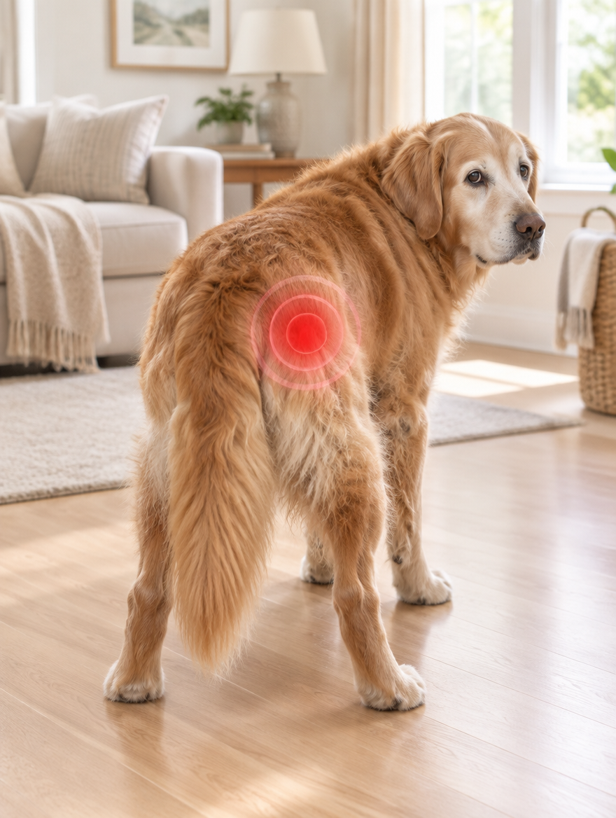 Senior golden retriever seen from behind on a hardwood floor, with a red highlight on the hip joint