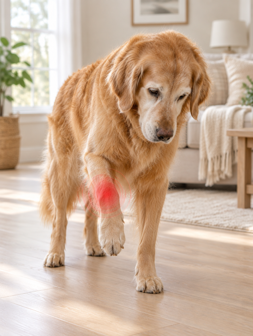 Senior golden retriever holding a front paw off the floor, with a red highlight on the wrist joint