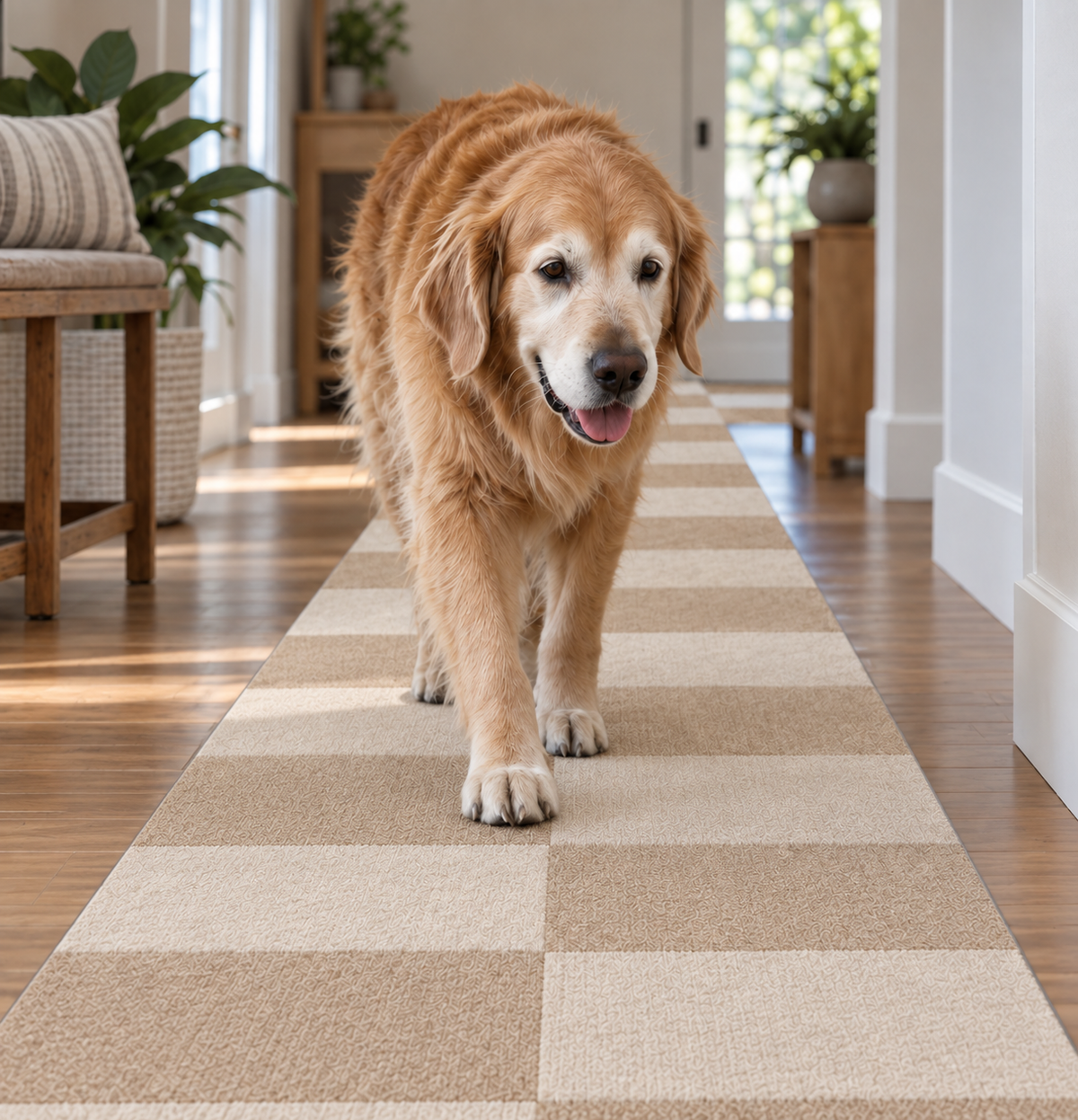 Senior golden retriever walking along a two-tile-wide path down a hallway