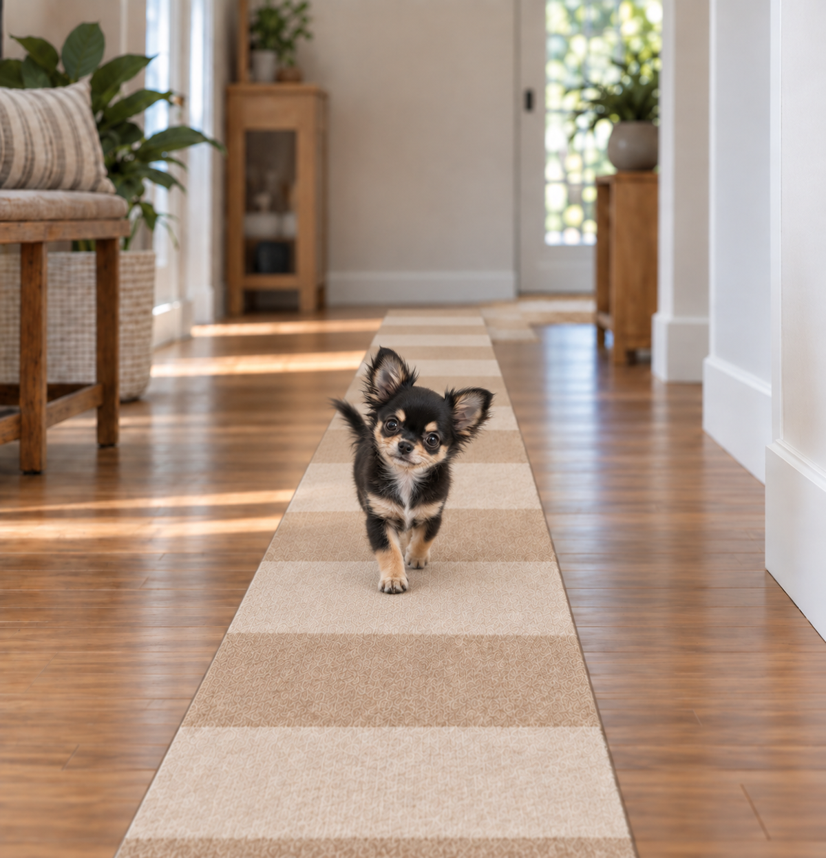 Chihuahua walking along a one-tile-wide path down a hallway