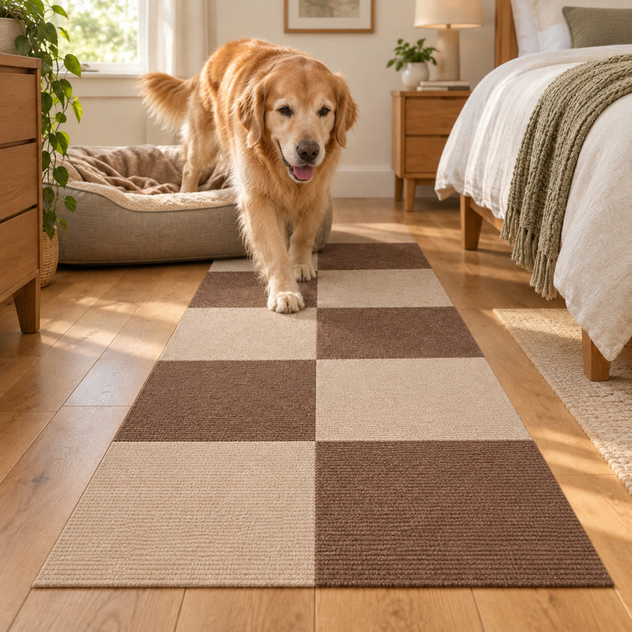 A golden retriever stepping off its bed onto a brown and cream tile path