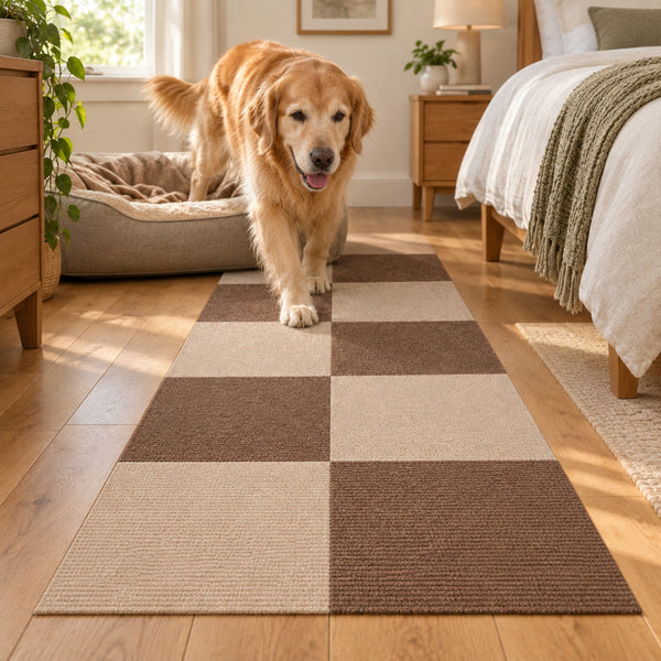 Golden retriever stepping off a dog bed onto PawProof tiles