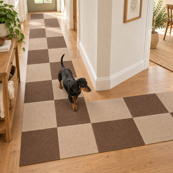 Dachshund trotting down a PawProof tile path in a hallway