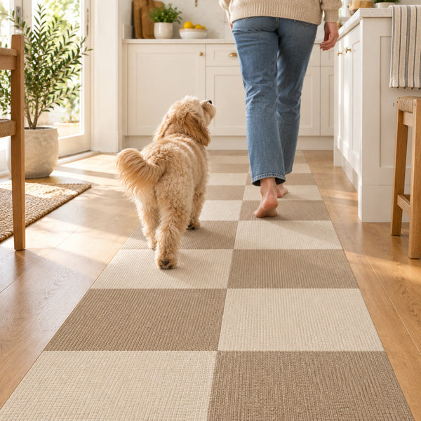 Cavapoo walking beside its owner on PawProof tiles in a kitchen