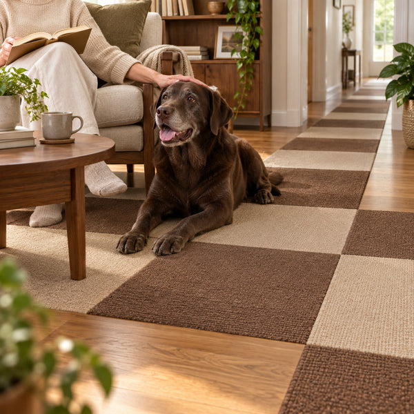 Labrador lying on PawProof tiles beside a couch