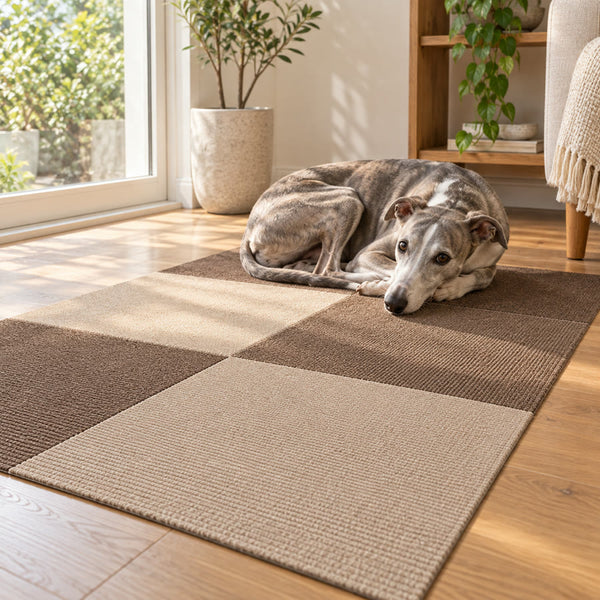 Greyhound asleep on PawProof tiles in a patch of sun